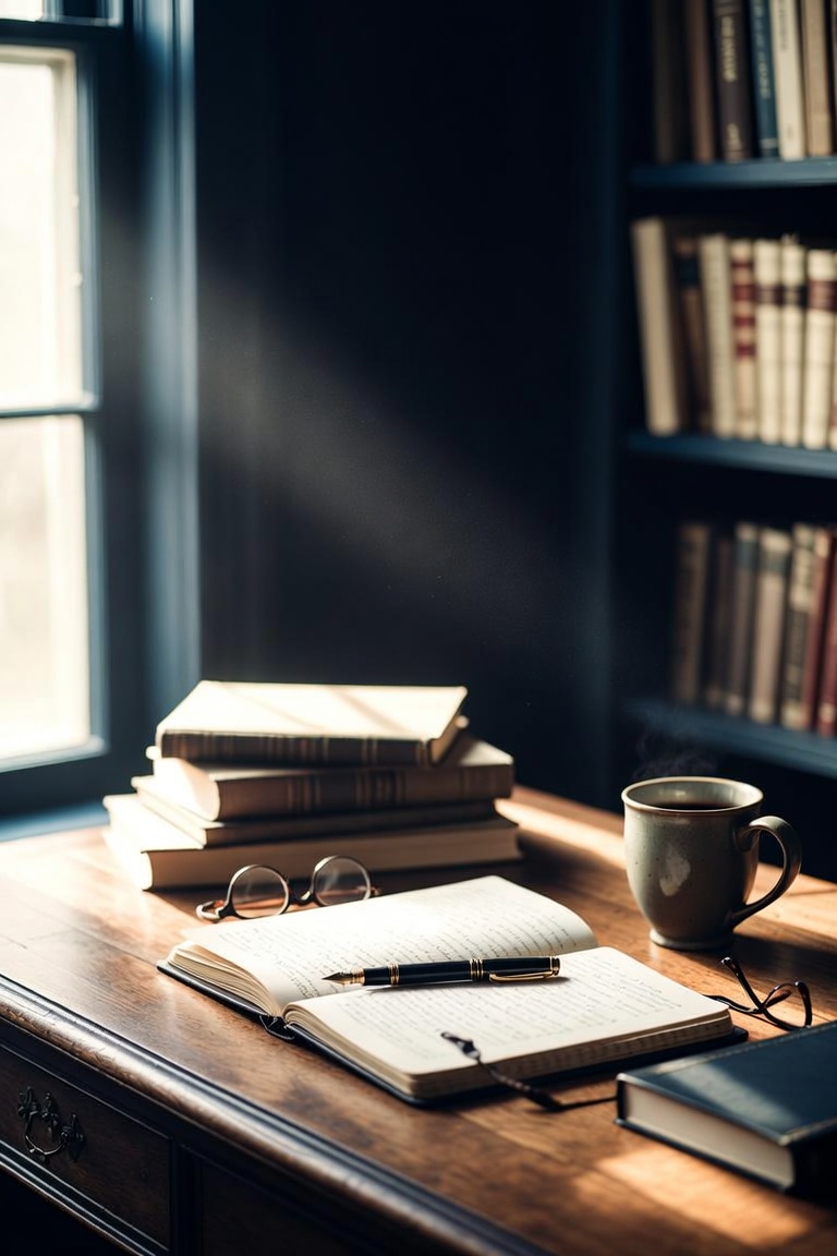 Kent Sanders' writing desk — notebook, fountain pen, and books in morning light
